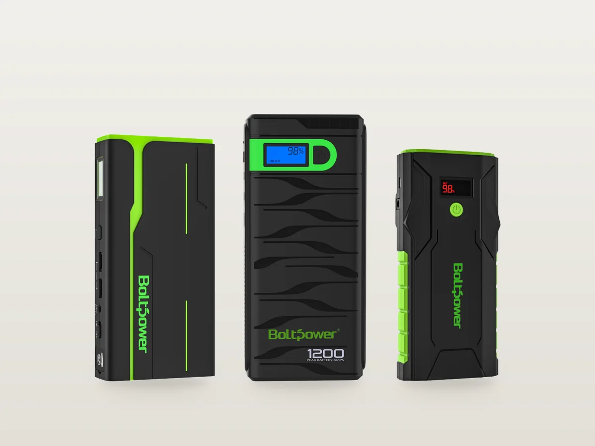 Three Bolt Power portable jump starters, including the 1200A model with LCD display